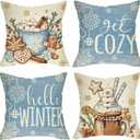 Hello Winter Blue Decorative Throw Pillow Covers 18x18 Set of 4, Get Cozy Hot Cocoa Gingerbread Cookie Snowflakes Porch Outdoor Home Christmas Decor, Holly Berry Pine Cone Snow Couch Cushion Case