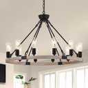 12-Light Wooden Wagon Wheel Chandelier Farmhouse, 31.5'' Black&Cream Colored Chandelier Pendant Light for Living Room, Industrial Rustic Round Wood Chandeliers for Dining Room Entryway Porch