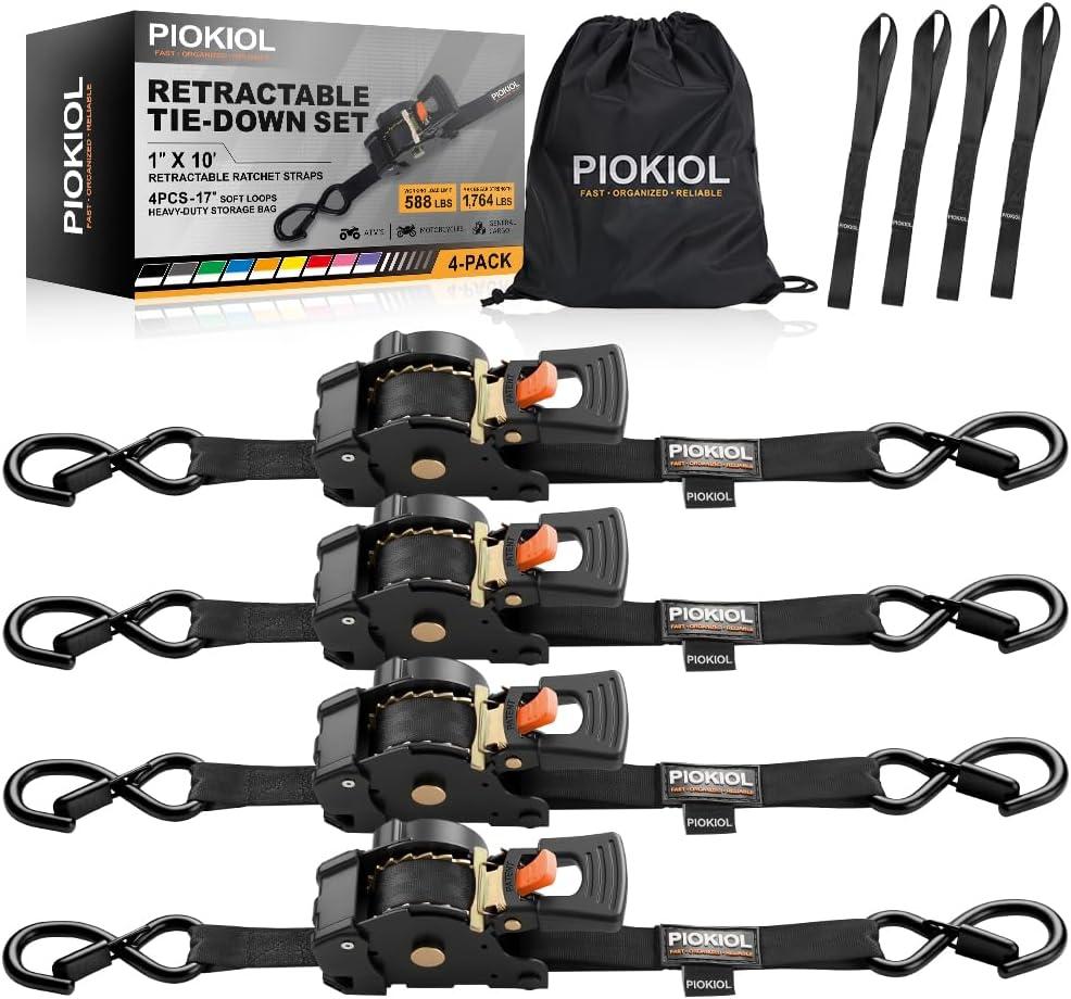 Retractable Ratchet Straps (4-Pack) - 1 Inch x 10 Feet (1,764lb Break Strength) - Heavy Duty Auto Self Retracting Tie Down Straps for Truck, Cargo Trailer, Motorcycle, ATV, UTV - Black