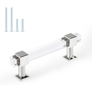 Orger 5 Pack 3-1/2 Inch Hole Center Kitchen Cabinet Pulls, Silver Chrome Base Cabinet Handles with Square Clear Acrylic Tube, Drawer Pulls for Wardrobe, Cupboard, Dresser Drawer