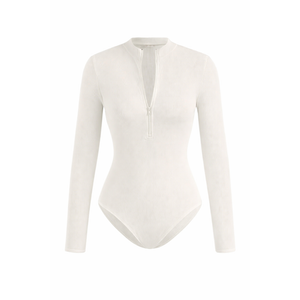 SOLY HUX Women's Half Zip Mock Neck Bodysuit 2 Packs Long Sleeve Leotard Shirts Fitted Tops (Large, White)