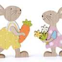 5 x WellSign 2Pcs Easter Bunny Table Wooden Sign Decorations for Home, Farmhouse Rustic Wood Rabbit Tiered Tray Decor for Tabletop Shelf Mantel Happy Spring Party Outdoor Indoor, Easter Gifts for Kids