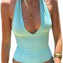 Women Halter Neck Sleeveless Crop Tops y2k Back Tie Up Cami Shirts Deep V Going Out Tank Tops (Blue, M)