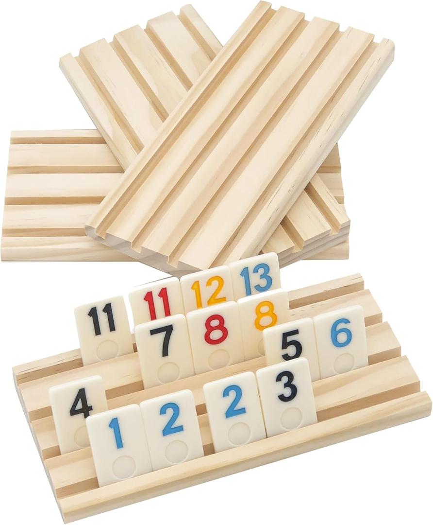 4 Wooden Rummy Replacement Racks/Trays for Rummikub Game, Rummy Cube Game Holders Only, 4 Wooden Racks for Okey Board Game