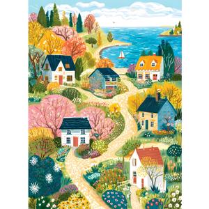 500 Piece Jigsaw Puzzle for Adults, Coastal Village Landscape Jigsaw Puzzle, Colorful Cottage Ocean View Art Puzzle for Adults, Relaxing Activity, for Puzzle Lovers