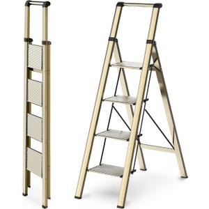 WOA WOA 4 Step Ladder, Ladders for Home, Anti-Slip Pedals, Aluminum Step Stool Foldable, Lightweight to Move, Ease of Storage, Reach 9ft for Closet Kitchen Library, Hold 300lbs - Gold