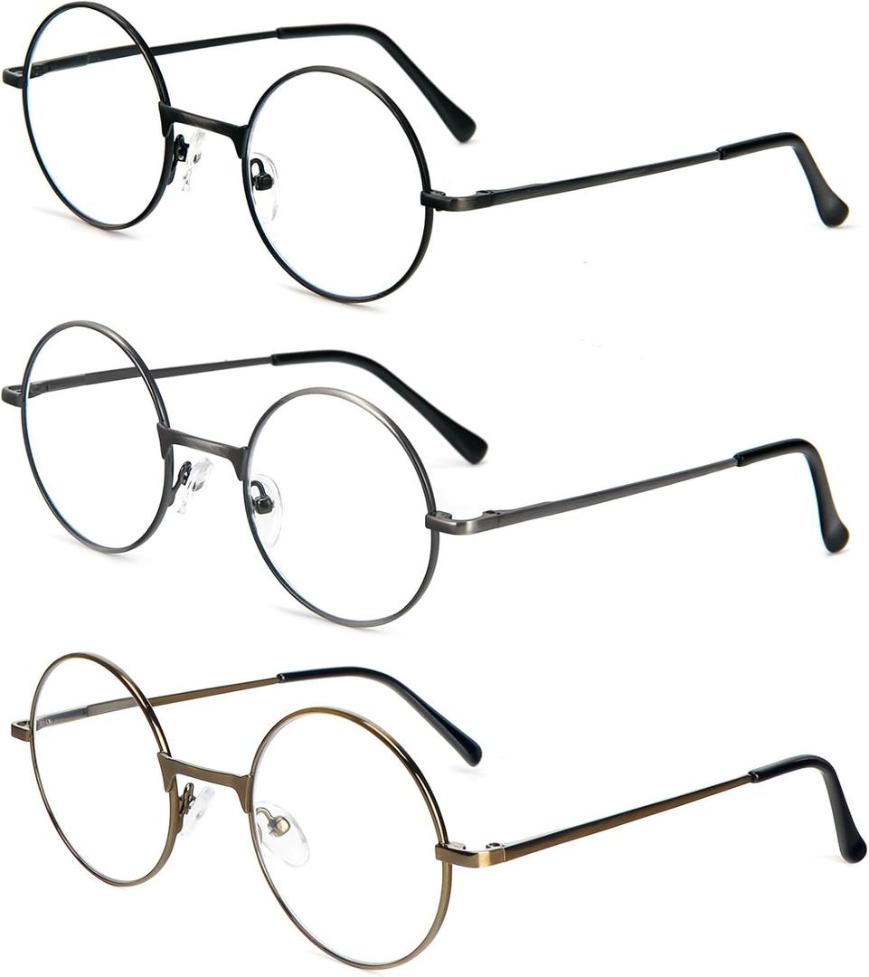3 Pack Round Frame Reading Glasses Blue Light Blocking Reader Metal Full Frame Retro Glasses