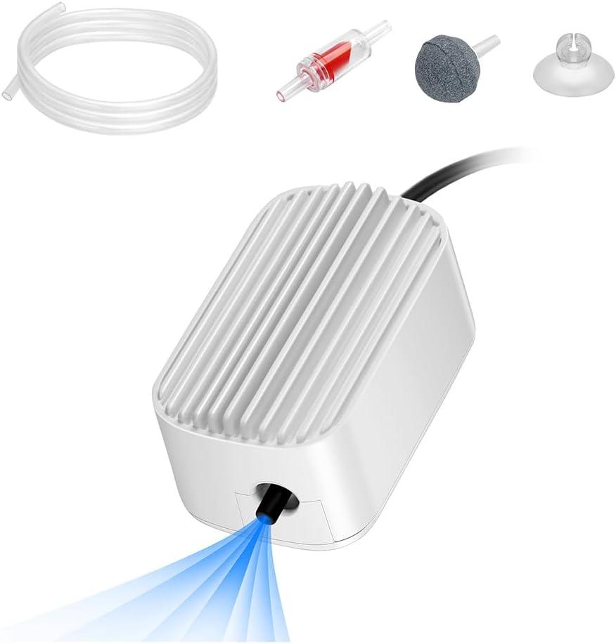 Quiet Aquarium Air Pump 3W/4.5W/5W/9W Fish Tank Oxygen Aerator Pump with Air Stone Airline Tubing Check Valve Aquarium Bubbler for 3-20 Gallon Fish Tanks, White
