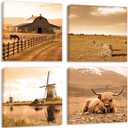 DIMARONGTON Farmhouse Wall Decor, Highland Cow Wall Art, 12x12 Canvas Artwork, 4 Pack Rustic Countryside Landscape, Windmill Decor, Barn Pictures, Stretched and Framed Ready to Hang