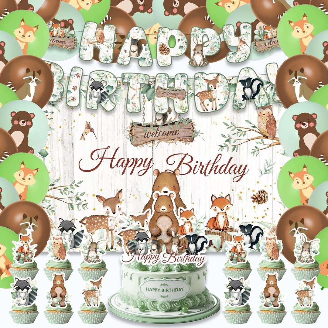 42Pcs Forest Animals Birthday Party Decorations for Boys Kids Safari Jungle Wild Animals Cake Topper Cupcake Topper - Happy Birthday Party Flag Banner and Balloons Background