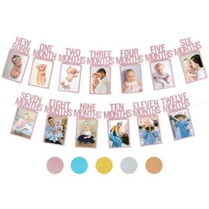 PartyHooman 1st Birthday Photo Banner for Baby from Newborn to 12 Months, 1st Birthday Decorations Girl Monthly Milestones Garland | 1 Year Old First Photo Banner Pre-strung with Frame (Rose Gold)