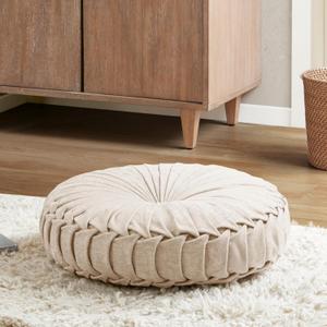 Intelligent Design Loretta Chenille Round Floor Pillow Meditation Cushion, Soft Color & Natural Luster Button Tufted with Elegant Pleated Details, Dia 22"x6"H, Ivory