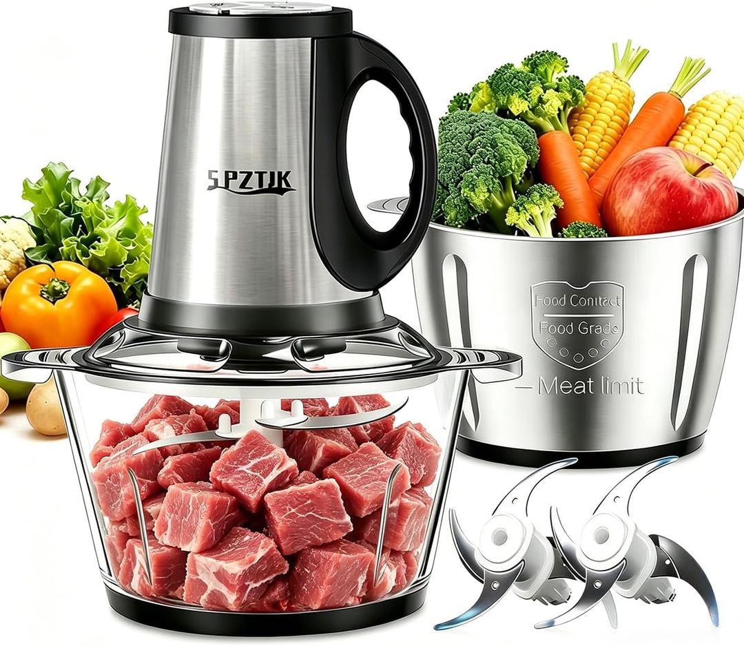 SPZTJK 3-Speed Electric Food Processor: Meat Grinder, Vegetable Chopper & Baby Food Maker - 300W, 2 Bowls (8 Cup Stainless Steel+8 Cup Glass), Quiet Operation