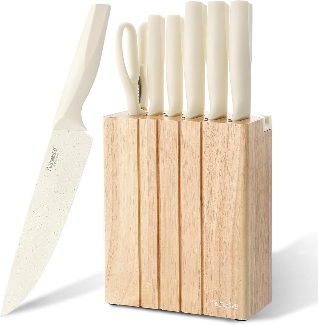 Premium Quality 8-Piece Knife Set with Block, Lightweight and Strong,  Ergonomic Handles for Home,Dishwasher Safe  (Large, White)