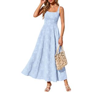 PRETTYGARDEN Womens Summer Maxi Dresses 2026 Casual Sleeveless Square Neck Jacquard Flowy Wedding Guest Beach Boho Long Dress (Light Blue,S)