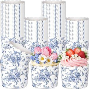Funnymoom 100 Pcs Blue Floral Paper Baking Cups Blue White Wildflower Ice Cream Cup Disposable Cupcake Liners Wrappers Decorative Dessert Bowls for Food Baby Shower Wedding Birthday Party Supply
