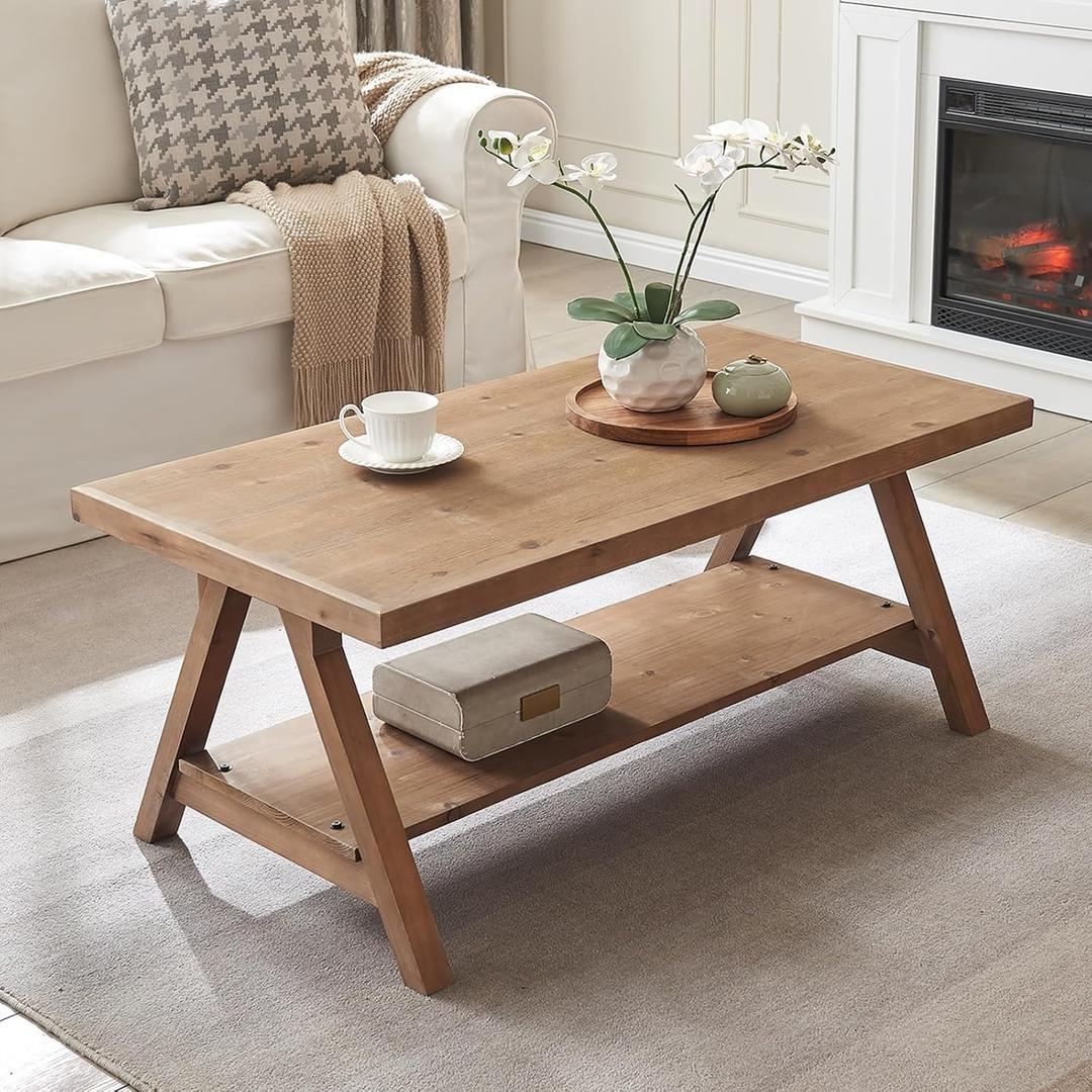 Farmhouse Coffee Table,Solid Wood Center Tables with Storage Shelves & Sturdy A-Shaped Legs, Modern Rustic 2-Tier Rectangular Table for Living Room and Office, Natural