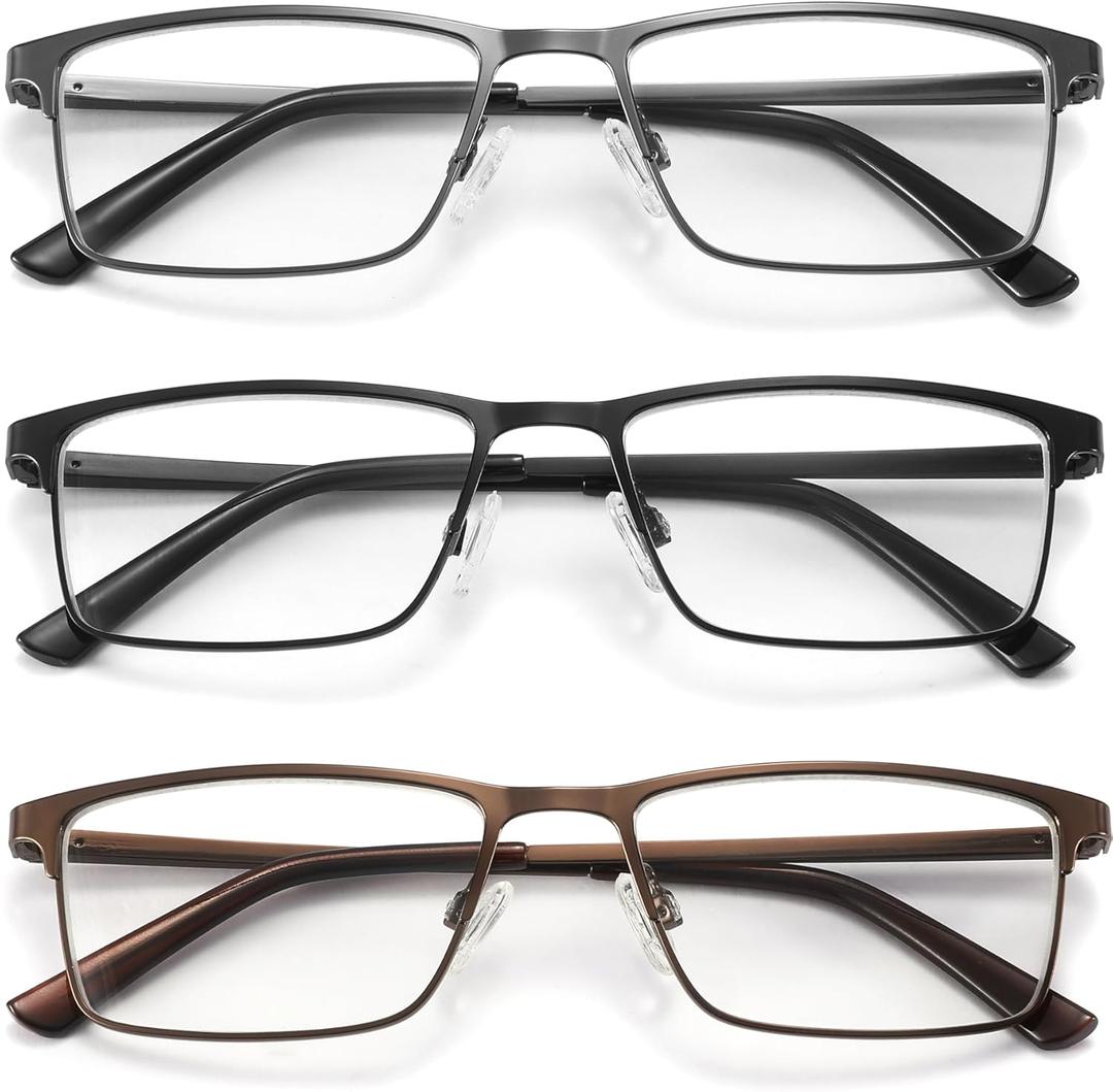 3 Pack Blue Light Blocking Reading Glasses Men Readers Anti Glare UV Lightweight and Sturdy Full Frame Metal Spring Hinge Eyeglasses 1.75+