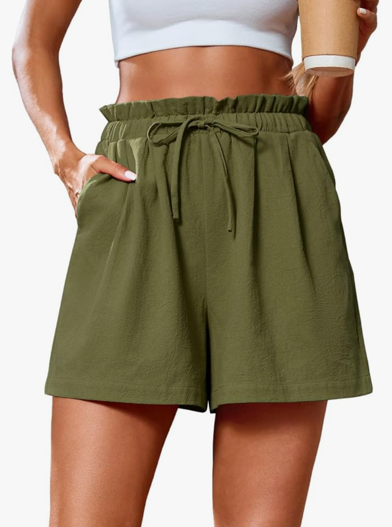 Women's Casual Shorts Drawstring Elastic Waist Shorts Summer Beach Shorts with Pockets Size Large, Olive Green 