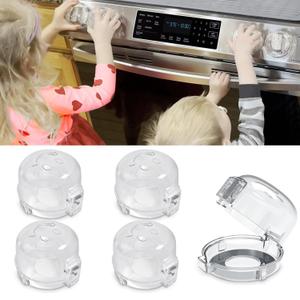 Oven Knob Covers for Child Safety 5 Pack, Clear Stove Knob Safety Covers & Gas Stove Locks, Heat-Resistant Adhesive, Double-Key Baby Proof Covers for Gas/Electric Burners, Childproof Protector for Kids