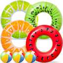 90shine 6PCS Fruit Pool Floats: Watermelon Kiwi Orange Lemon Swimming Rings with 13.5" Beach Balls - Inflatable Tubes Floaties Toys for Kids Adults