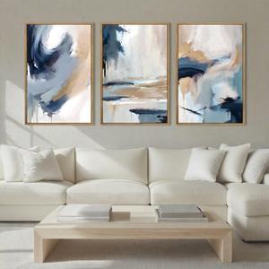 Large Blue Abstract Wall Art Framed Modern Artwork Neutral Wall Decor for Living Room Bedroom Office 16x24 Inch Set of 3