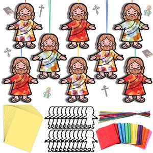 Motipuns 32 Sets Easter Jesus Ornaments Craft Kit, Religious Christian DIY Jesus Loves You Suncatchers Gift Stained Glass Effect with Tissue Paper Window Art for Sunday School Church VBS Decor