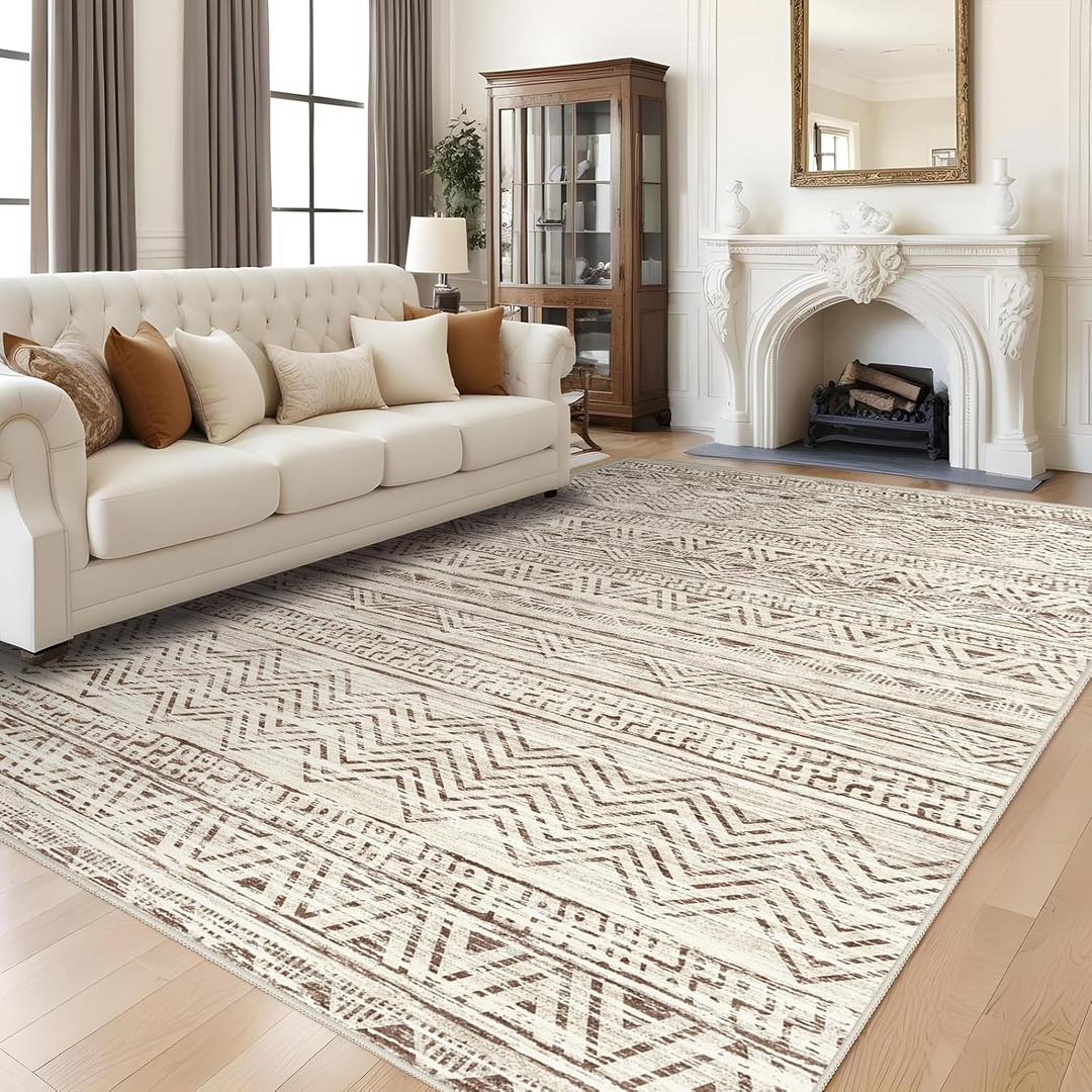 6x9 Washable Living Room Rugs: Large Soft Boho Moroccan Non-Slip Area Rug Indoor Floor Carpet for Bedroom Under Dinning Table Farmhouse Neutral Modern Geometric Stain Resistant Carpets Beige/White