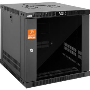 Tecmojo 9U Wall Mount Rack with Thermostat, 17.7inch Depth Enclosed Server Cabinet with 2 Cooling Fans,Lockable Door & Hardware,9U Rack for 19inch Equipments,Glass Door