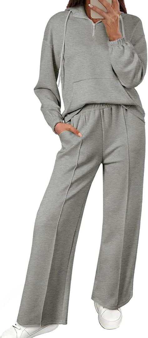 Aleumdr Women 2 Piece Sweatsuit Casual Long Sleeve Half Zip Tracksuits Hoodies and Wide Legs Sweatpangts with Pockets (Medium, Medium Grey)