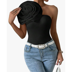 Women's 3D Floral One Shoulder Contrast Mesh Asymmetrical Neck Sleeveless Regular Fit Casual Party Tee Tops XL