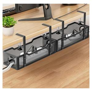 Under Desk Cable Management Tray, GZOKMOG Cord Management with Upgraded Clamp No Drill, Metal Cable Management Box for Home Office, Wire Management for Standing Desk, 2 Pack Black, 13.38 inch