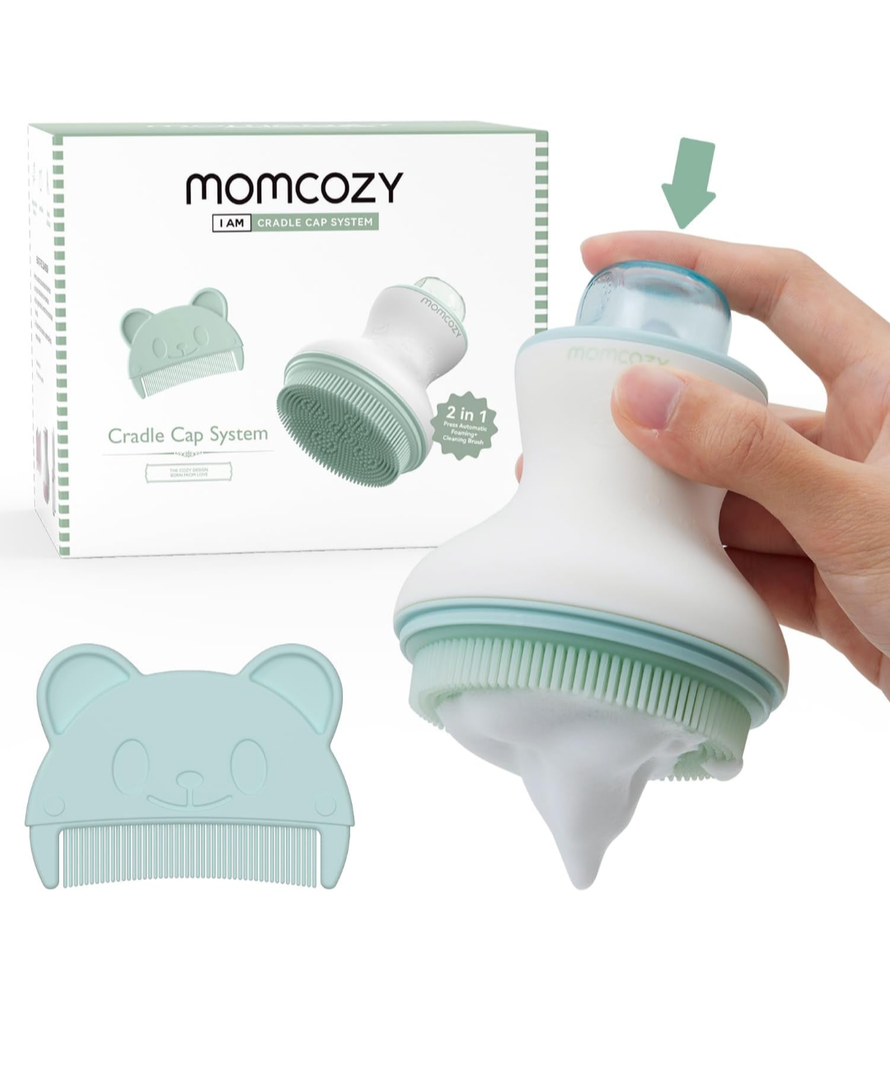 Momcozy﻿ Innovative Cradle Cap Brush with Pump, 2-in-1 Baby Cradle Cap Brush with Bubbler, Newborn Cradle Cap System, Shampoo Brush Baby Bath Essential Foamer Brush, Baby Hair Brush, Green