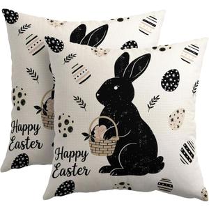 Kawani Happy Easter Bunny Pillow Covers 18X18 Inch Black White Rabbit Eggs Decorative Pillow Cases Set of 2 Holiday Farmhouse Throw Pillows for Sofa Couch Outdoor