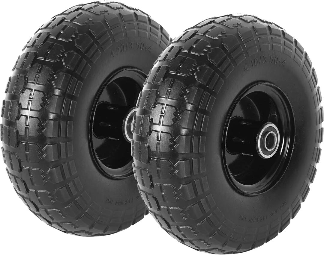 AR-PRO (2 Pack) 4.10/3.50-4 Flat Free Tire and Wheel, 10-Inches Solid Tires for Wheelbarrow, Dolly, Hand Truck, Wagon, Garden Cart, Generator Wheels Replacement - 5/8" Bearings, 2.2" Offset Hub (Black)