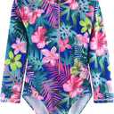 Girls Long Sleeve Swimsuit One Piece Bathing Suit Zipper UPF 50+ Rash Guard Swimwear Size 3-12T, 2XL