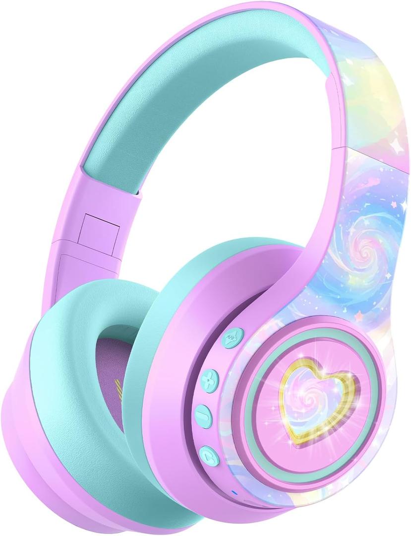 iClever Auraa Active Noise Cancelling Headphones for Kids, LED Light Up, Bluetooth 6.0, Safe Volume 80dBA, 47H Play Time,Fast Charging,Kids Headphones Wireless with Mic AUX Cord for Travel iPad,Purple