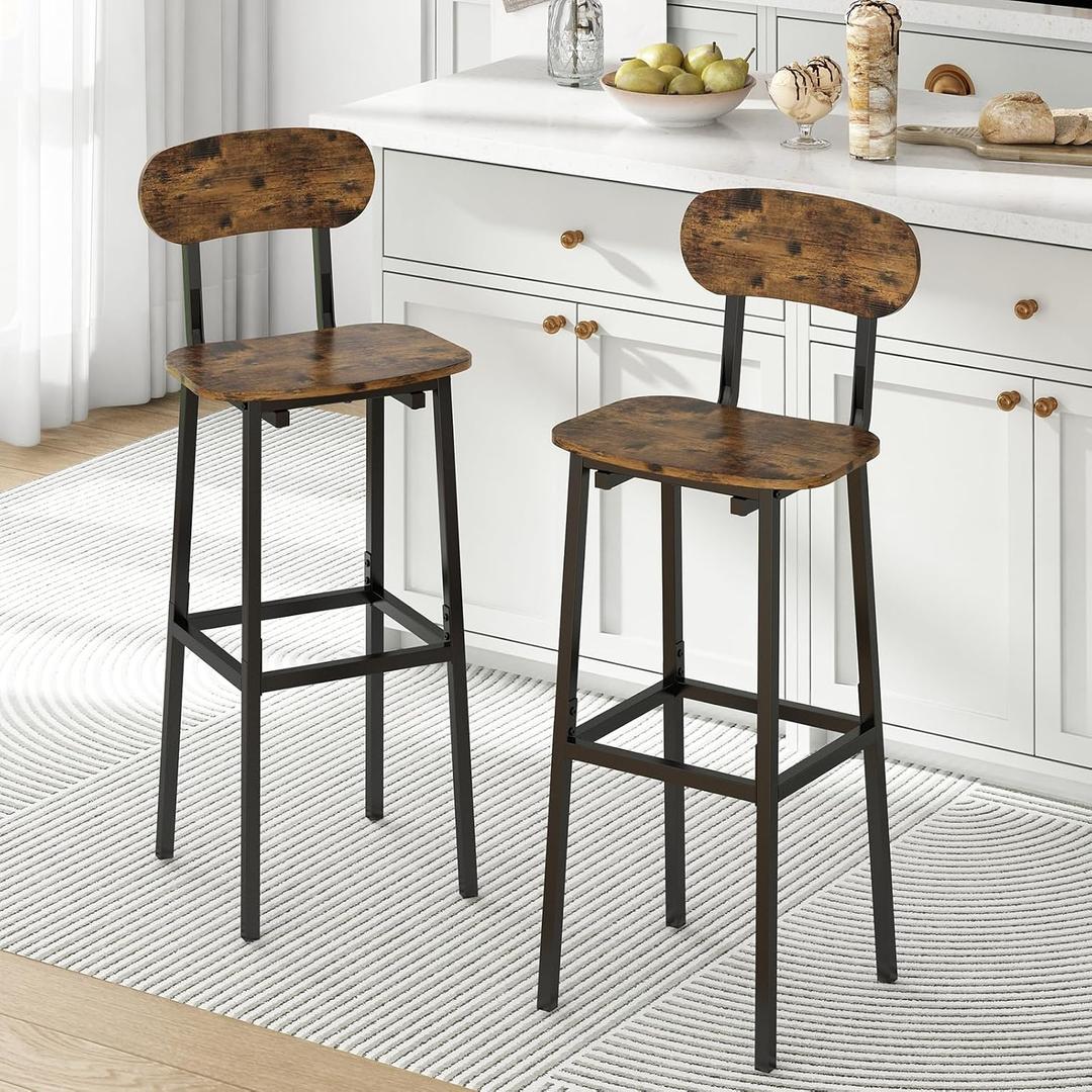 GILLAS Set of 2 Bar Stools, Modern Bar Stool with Backrest and Footrest, Tall Bar Chairs, Industrial Style Counter Height Bar Stools for Dining Room, Kitchen Counter, Rustic Brown