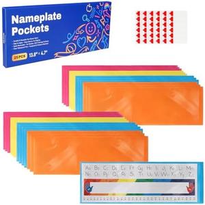 Nameplate Pocket, Name Tag Pockets for Desks, 13.8" x 4.7" Non-Woven Fabric Adhesive Clear Nametag Sleeves Covers for Student Desks, Classroom Suppliers (25 PCS) Pack of 4