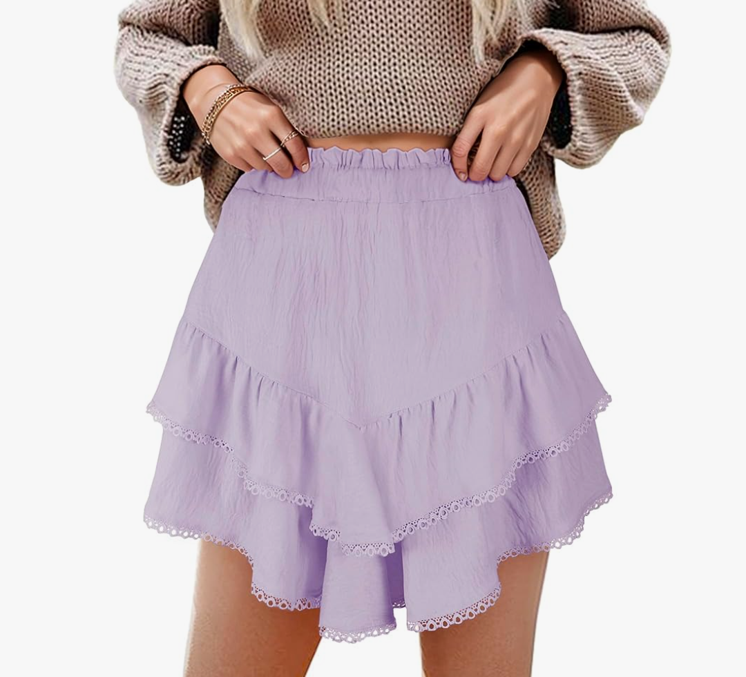 GOOBGS Flowy Shorts for Women High Waisted Lace Skort Trim Trendy Crochet Skirt Tennis Crochet Short, size M