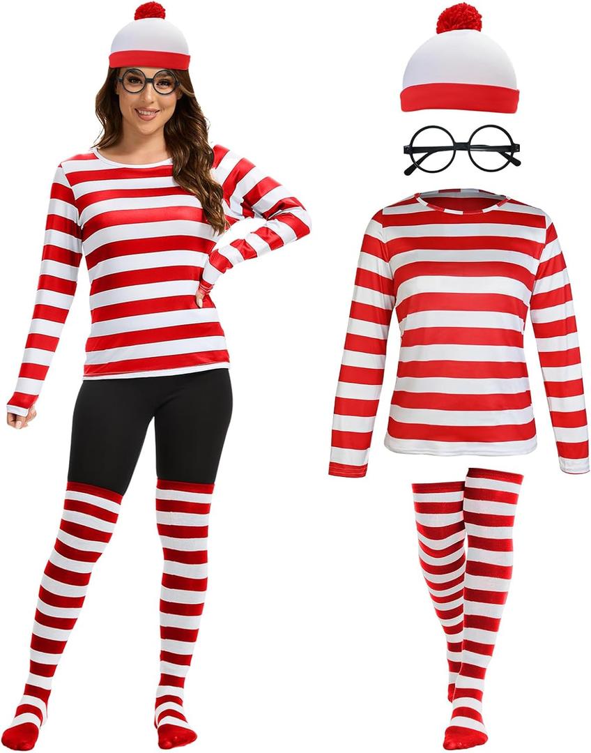 Gumyawl Adult Red and White Striped Shirt Women Funny Halloween Costumes Shirt Hat Socks and Glasses Suits (Large)