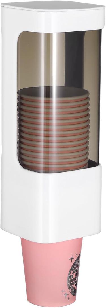 Cup Dispenser Wall Mounted, Bathroom Cup Holder for 3oz-5oz Disposable Paper and Plastic Cups, Water Cooler Cup Dispenser with Adhesive Plate, Ideal for Home, Office, Gym, and More (White)
