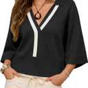 Saodimallsu Womens Short Sleeve Sweater Tops V Neck Collared Oversized Color Block Casual Summer Knit Polo Shirts (Black, M)