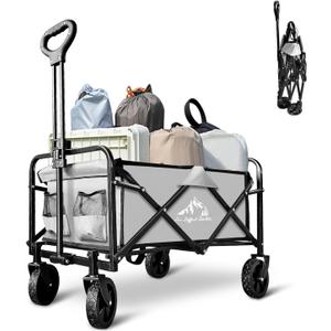 Collapsible Wagon Cart Foldable Portable Heavy Duty Folding Beach Wagons, Outdoor Utility Carts with Large Capacity for Grocery, Camping, Shopping, Fishing, Sports, Garden Gray