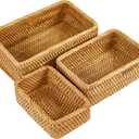 Natural Rectangular Rattan Storage Baskets (Set of 3), Hand Woven Food and Fruit Serving Baskets, Wicker Organizer for Living Room, Bedroom, Kitchen