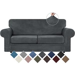 WEERRW Velvet Couch Covers for 2 Cushion Couch Sofa - High Stretch Luxury Velvet Plush 3 Pieces Sofa Slipcovers with Elastic Bottom, Furniture Protector for Pets, Machine Washable, Dark Grey, Medium