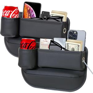 2 Pack Car Leather Cup Holder Gap Bag - Car Seat Gap Filler & Organizer, Seat Gap Storage Box Organizer Car Accessories for Women Men(Black Driver's + Passenger)