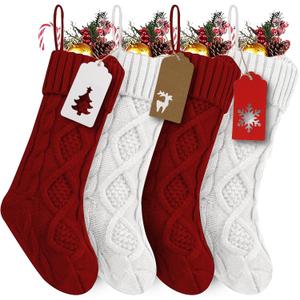RFAQK 18 Inches Large Christmas Stockings- 4Pcs Burgundy Red, Ivory White- Stretchable Knitted Xmas Stockings with 50Pcs Personalizeable Gift Tags for Family Holiday Christmas Dcor (2red 2white)