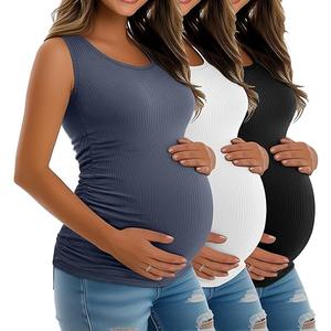 Riyiper 3 Pack Women's Maternity Tank Tops, Sleeveless Cotton Pregnancy Shirts Ribbed Knit Sides Ruched Basic Mama Clothes, Large, Blue, White, Black
