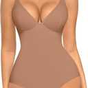 FeelinGirl Shapewear Bodysuits for Women Tummy Control Body Suits Deep V Neck Corset Body Shaper Tops (Large, Light Coffee)